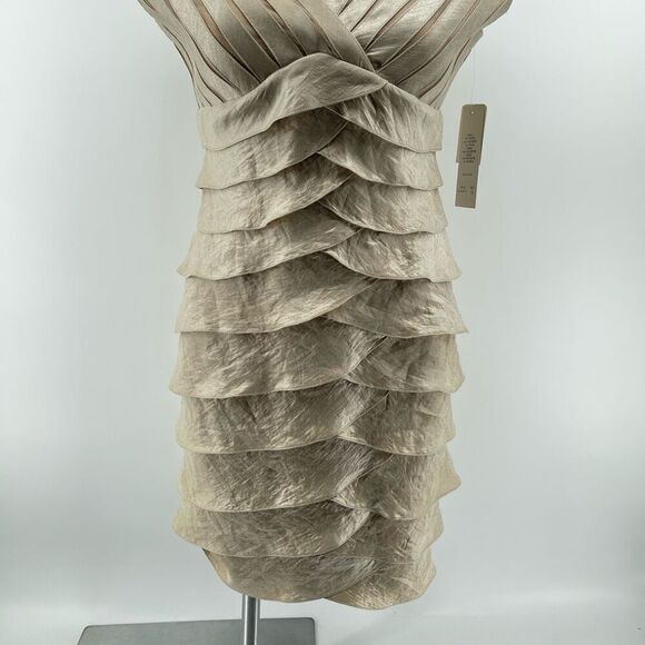 Adrianna Papell 6P Petite Champagne Metallic Tiered V-Neck Dress, New With Tag - Picture 5 of 17